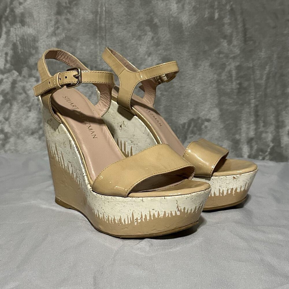 Stuart‎ Weitzman Single Sky Platform Cork Wedge Sandal Womens Sz 8M Beige Preppy